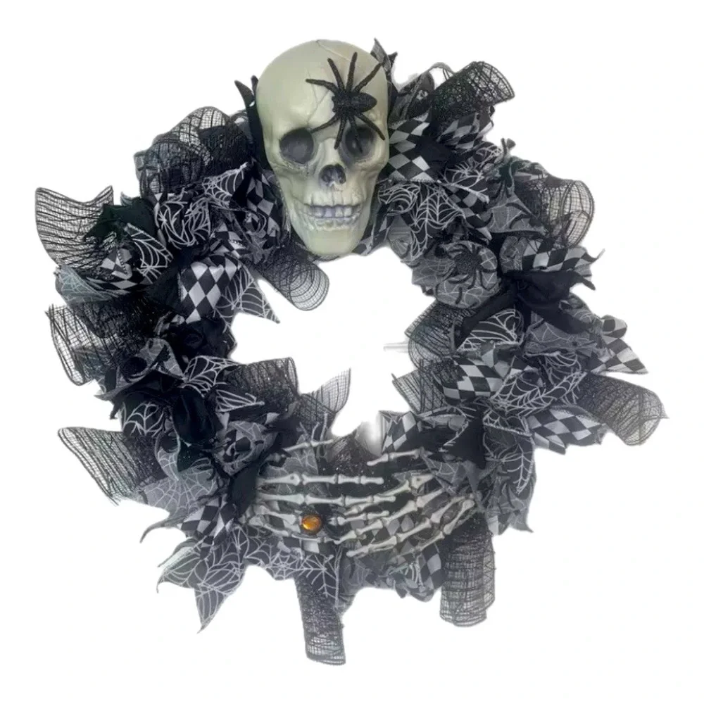 Handmade Halloween Wreath Skull Skeleton Hands Spider Deco Mesh Black White 18